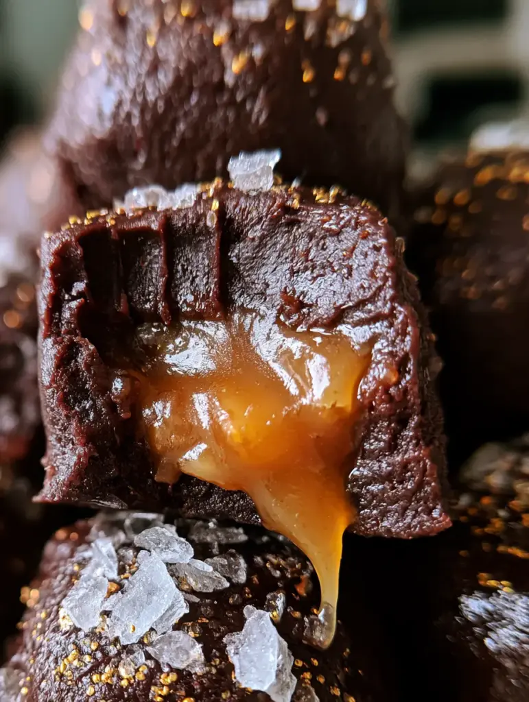 Salted Caramel Chocolate Fudge: The Ultimate Decadent Truffle Recipe 2 Vertical close-up of dark chocolate fudge truffles dusted with Maldon salt and gold leaf. (salted caramel chocolate fudge)
