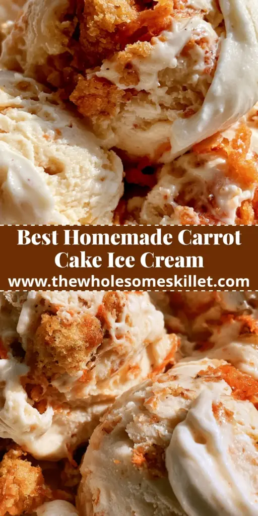 A close-up vertical shot of a scoop of carrot cake ice cream with visible orange carrot shreds and a cream cheese swirl, perfect for Pinterest.