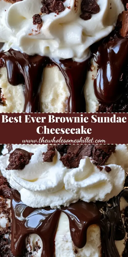 A towering slice of brownie sundae cheesecake with thick chocolate ganache drips, whipped cream, and a cherry on top. (brownie sundae cheesecake)