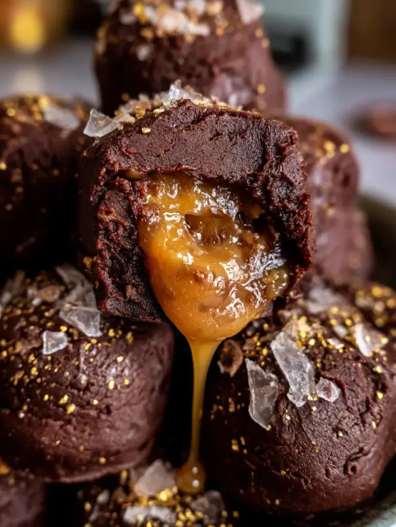 Salted Caramel Chocolate Fudge: The Ultimate Decadent Truffle Recipe 1 Handheld photo showing the dense texture and dripping caramel center of a salted caramel chocolate fudge truffle.