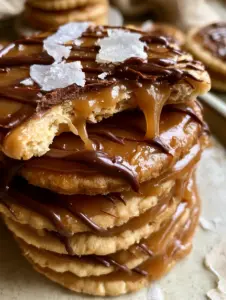 Top-down angled shot of a stack of buttery round crackers layered with thick gooey golden caramel. (caramel cracker toffee)