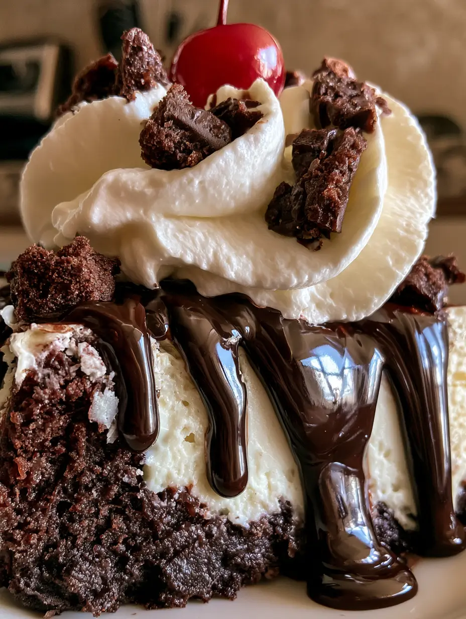 Close-up photo of the moist dark chocolate brownie base and creamy cheesecake layer. (brownie sundae cheesecake)