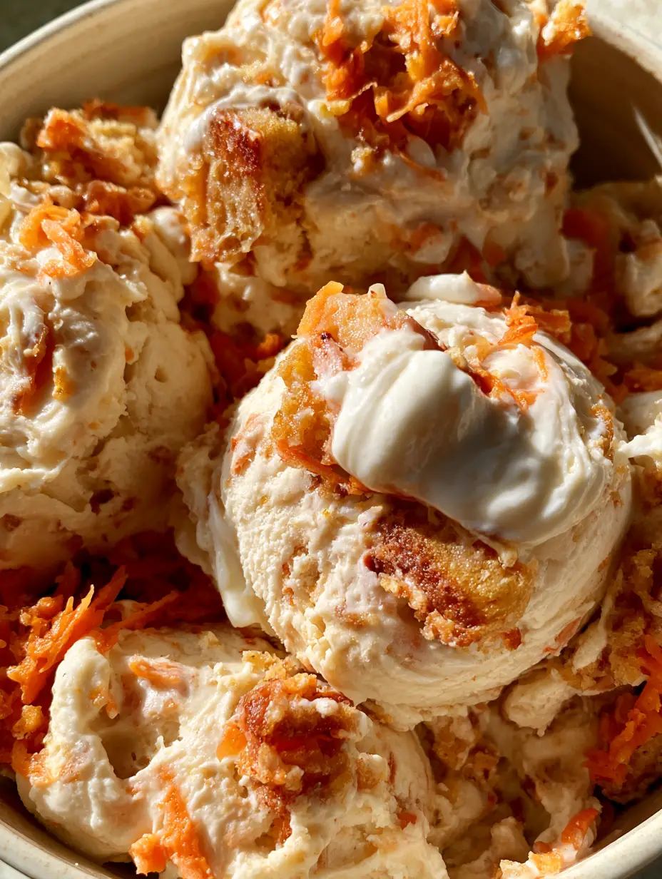 A handheld smartphone photo of a luxurious bowl of homemade carrot cake ice cream with golden cake bits and a thick frosting swirl.