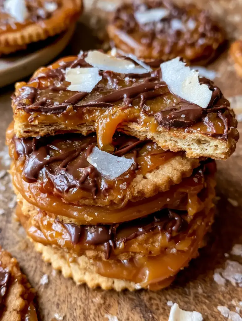 Close-up of caramel cracker toffee snapped in half showing the crunchy interior and dark chocolate drizzle.