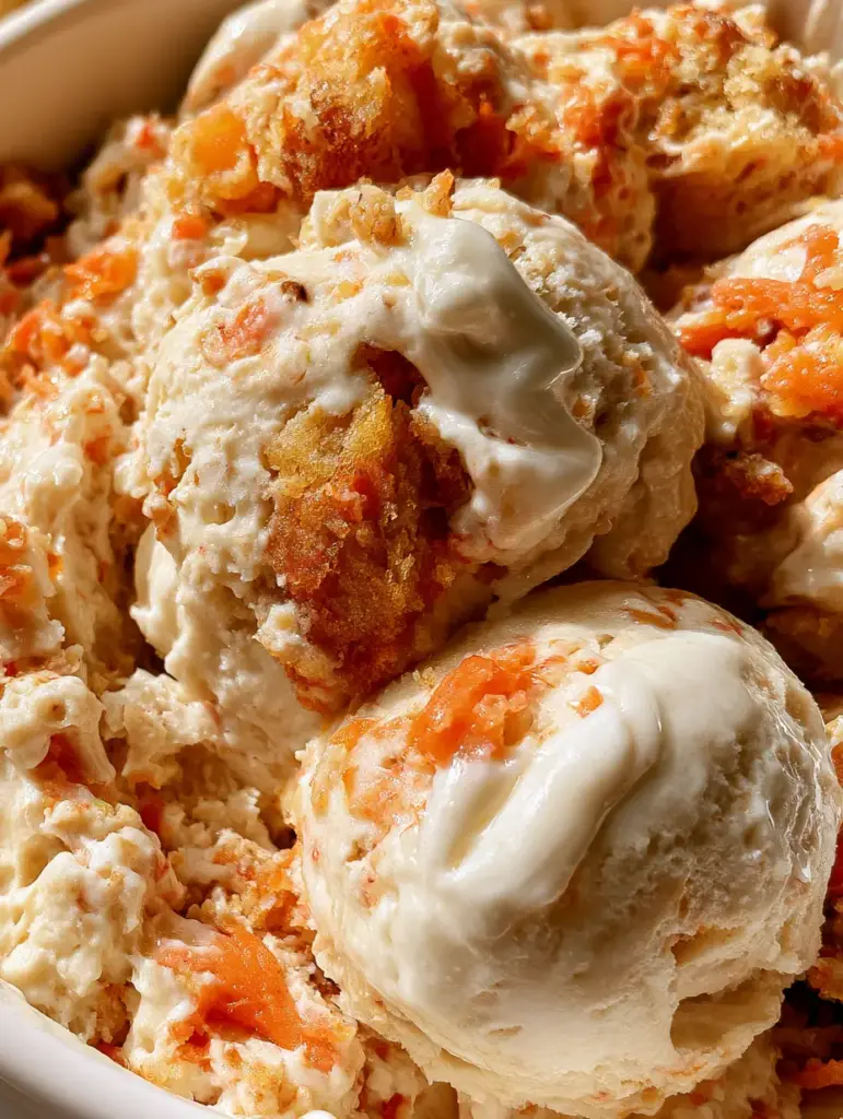 Close up photo showing the creamy ivory texture of carrot cake ice cream with melting edges and toasted walnuts.