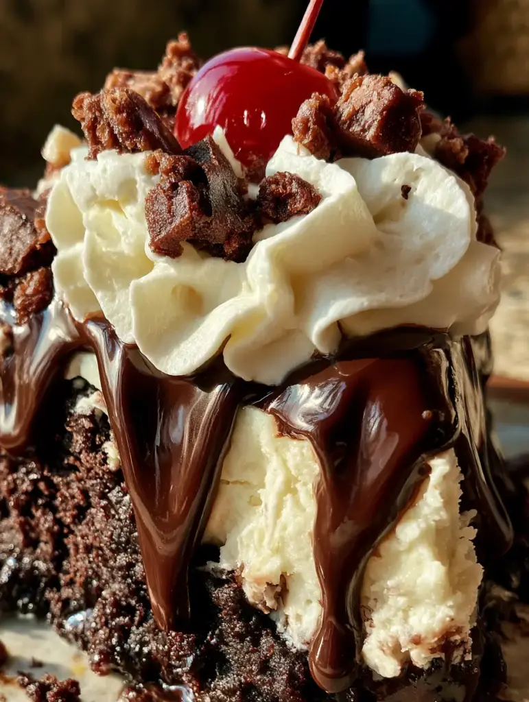 Extreme close-up of glossy chocolate ganache dripping down a cheesecake slice. (brownie sundae cheesecake)