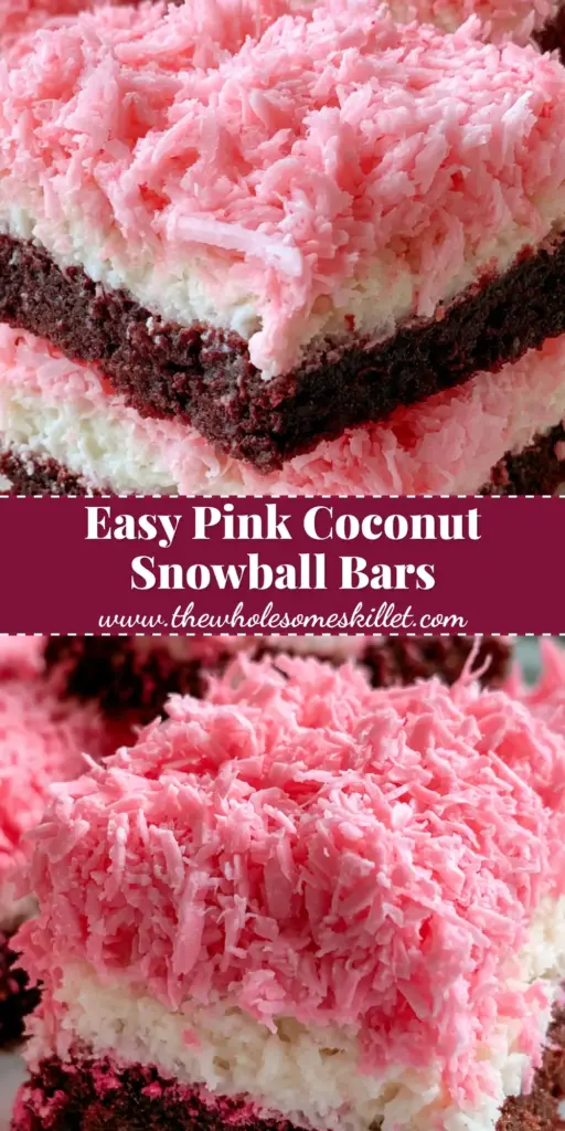 Coconut Snowball Dessert Bars: A Neon Pink Dark Chocolate Delight 4 A stack of vibrant coconut snowball dessert bars featuring a dark chocolate base, white cream layer, and neon pink coconut topping on marble.