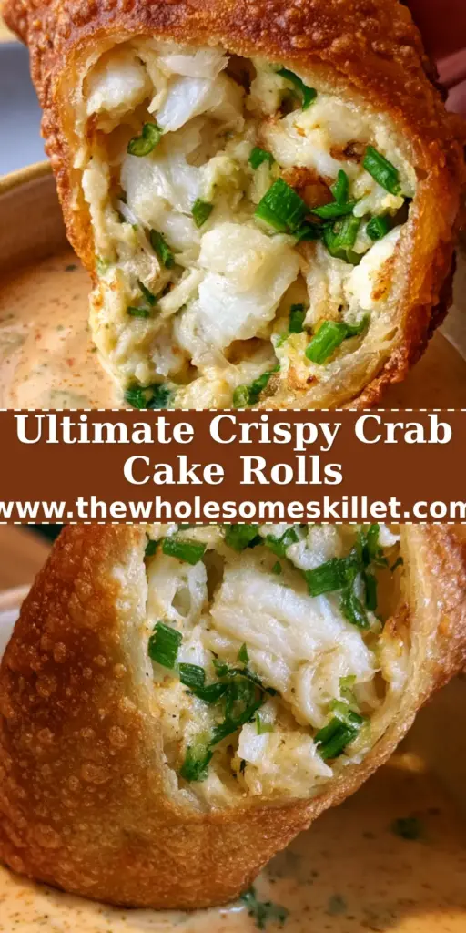 A close-up shot of golden crab cake egg rolls being dipped into remoulade sauce.