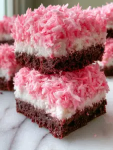 Close up handheld photo of layered pink coconut snowball dessert bars showing detailed cake and coconut textures.