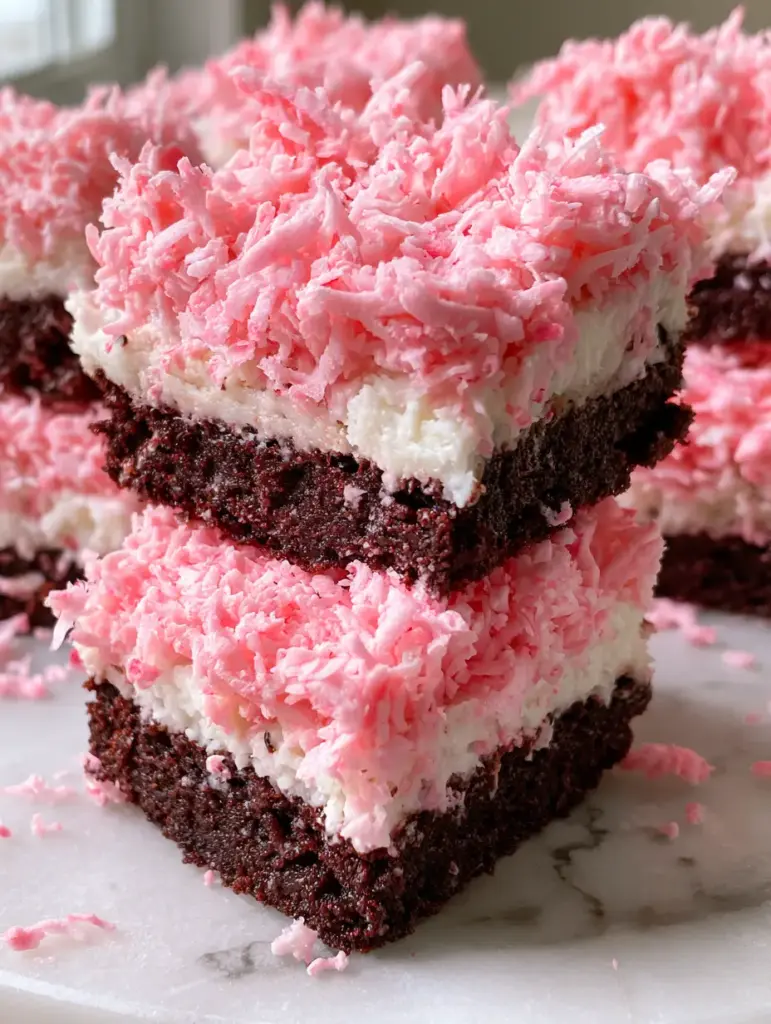 Coconut Snowball Dessert Bars: A Neon Pink Dark Chocolate Delight 1 Soft natural lighting hitting a stack of coconut snowball dessert bars on a white marble surface.