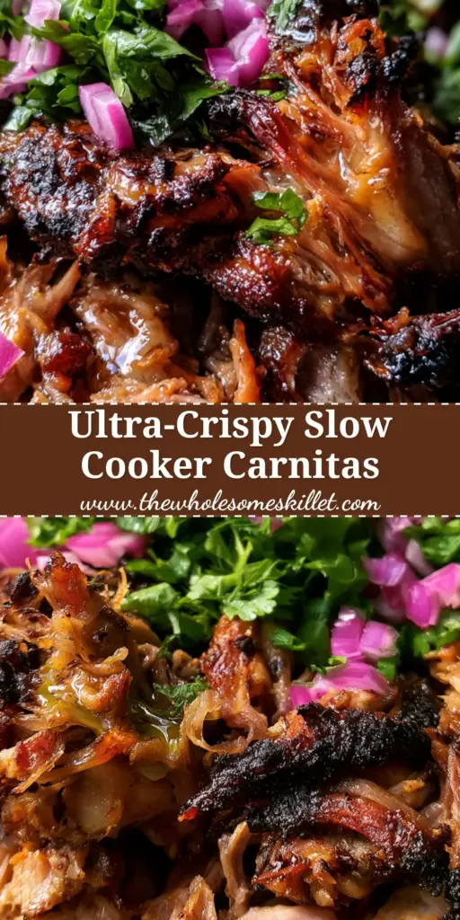 A cast iron skillet filled with crispy, golden-brown crockpot carnitas topped with fresh cilantro and red onion.