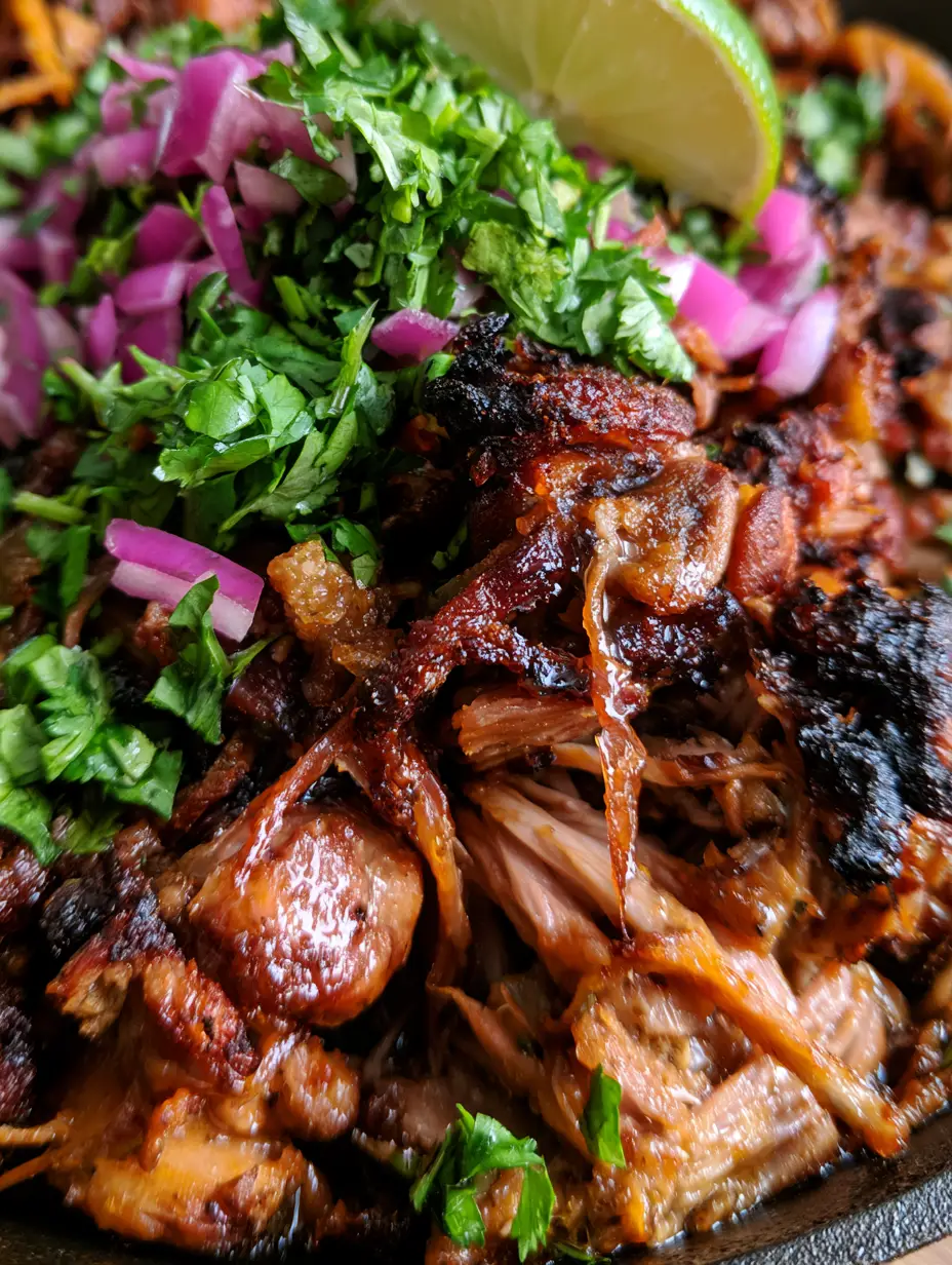 Macro shot of crockpot carnitas showing succulent meat fibers and charred crispy edges in a skillet.
