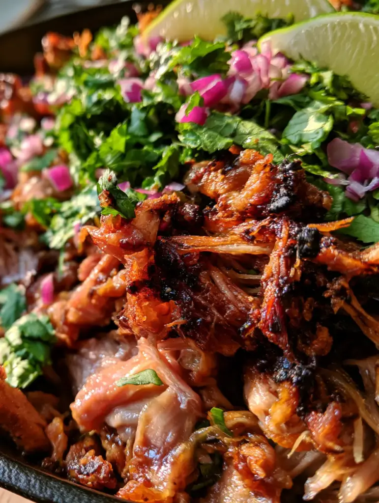 A skillet of crockpot carnitas garnished with neon-purple red onions and vibrant green cilantro.