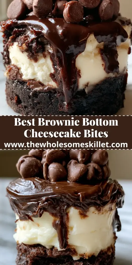 Brownie Bottom Mini Cheesecake with Glossy Ganache and Chocolate Chips 4 A handheld smartphone photo of a single brownie bottom mini cheesecake on a white plate showing distinct layers of fudgy brownie, white cheesecake, and dripping dark chocolate ganache topped with chocolate chips.
