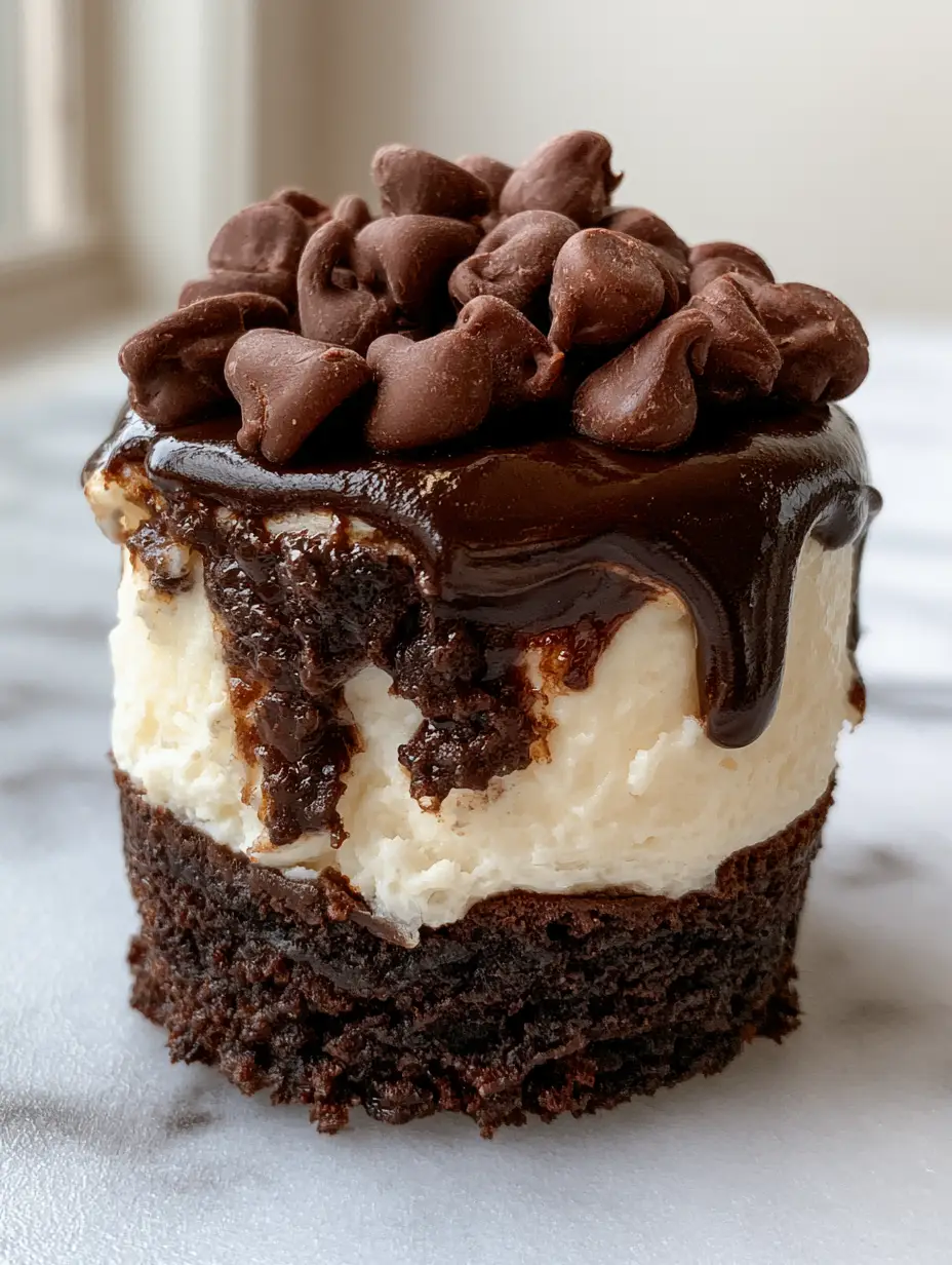 Brownie Bottom Mini Cheesecake with Glossy Ganache and Chocolate Chips 3 A close-up side profile of a brownie bottom mini cheesecake on a marble countertop with natural morning light.