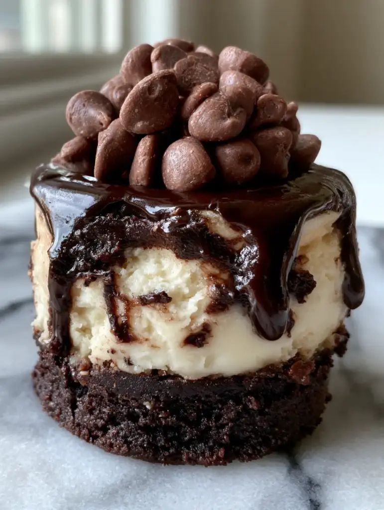 Brownie Bottom Mini Cheesecake with Glossy Ganache and Chocolate Chips 1 Top-down view of a brownie bottom mini cheesecake covered in a mountain of semi-sweet chocolate chips and liquid ganache.