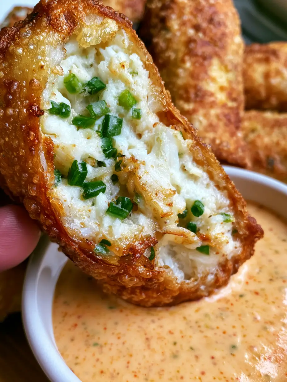 A handheld photo of a halved crab cake egg roll showing enormous chunks of lump crab and green chives inside.