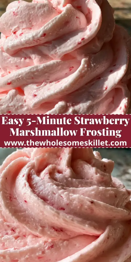 Strawberry Marshmallow Buttercream: The Fluffiest Pink Frosting Recipe 4 A tall, luscious swirl of pale pink strawberry marshmallow buttercream on a vanilla cupcake with visible red strawberry seeds.
