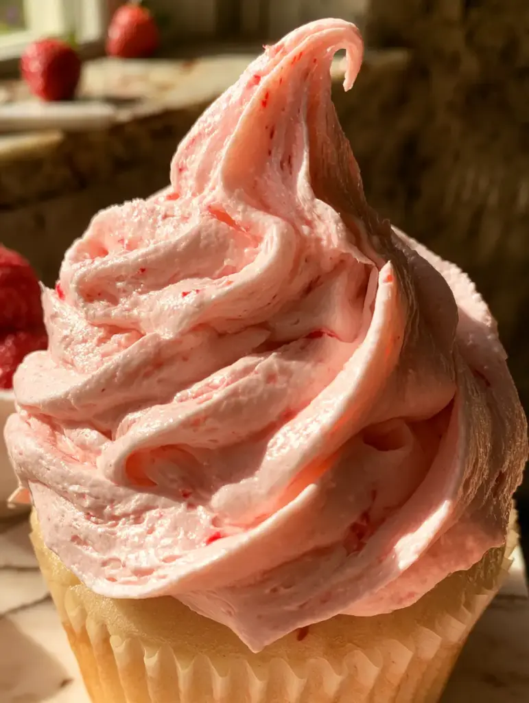 Strawberry Marshmallow Buttercream: The Fluffiest Pink Frosting Recipe 2 Close-up macro shot of strawberry marshmallow buttercream showing thick texture and strawberry seeds in morning sunlight.