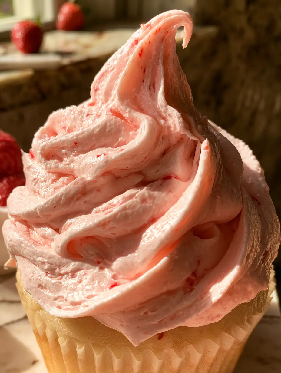 Strawberry Marshmallow Buttercream: The Fluffiest Pink Frosting Recipe 3 Close-up macro shot of strawberry marshmallow buttercream showing thick texture and strawberry seeds in morning sunlight.