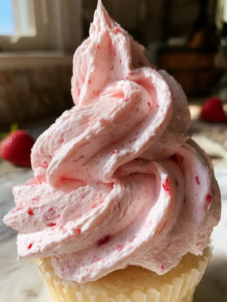 Strawberry Marshmallow Buttercream: The Fluffiest Pink Frosting Recipe 1 A handheld smartphone photo of a strawberry marshmallow buttercream cupcake in a rustic kitchen setting.