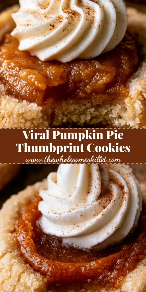 A close-up of pumpkin pie thumbprint cookies with buttery shortbread bases, glossy pumpkin centers, and tall whipped cream swirls on a wooden board. (pumpkin pie thumbprint cookies)