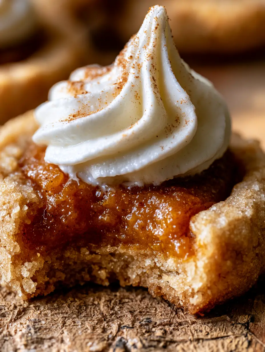 Extreme macro shot showing the bite taken out of a pumpkin pie thumbprint cookie, revealing the crumbly shortbread and creamy orange custard. (pumpkin pie thumbprint cookies)