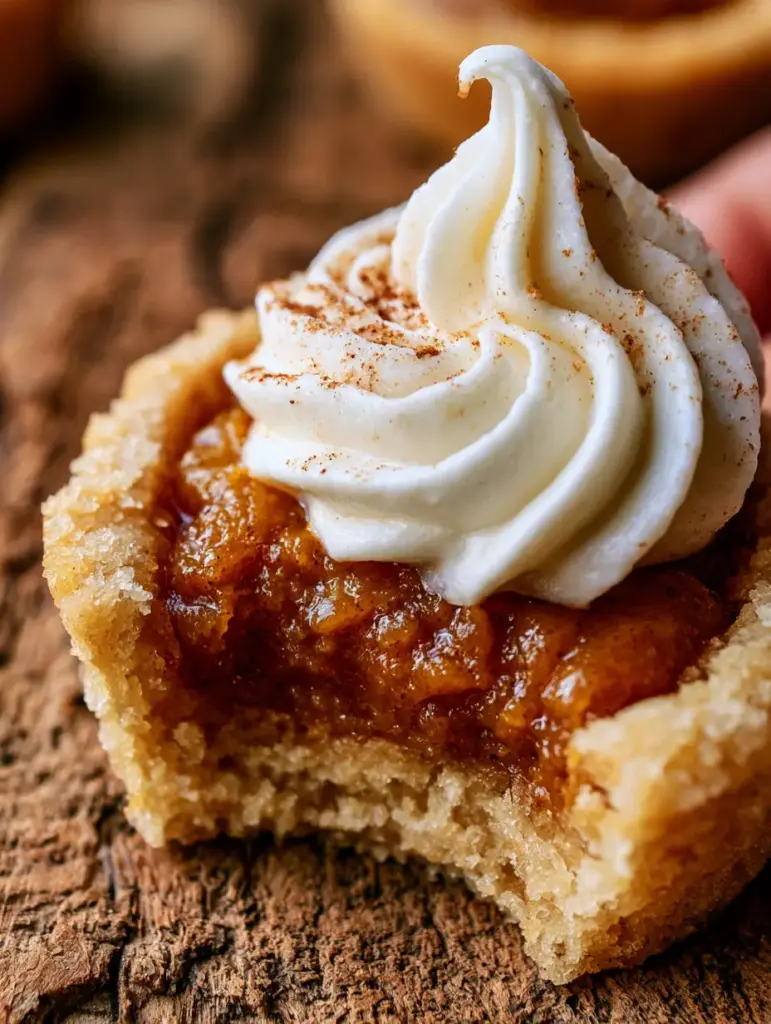 Macro view of a freshly baked pumpkin pie thumbprint cookie with visible vanilla bean specks in the golden dough and a dusting of cinnamon on top.