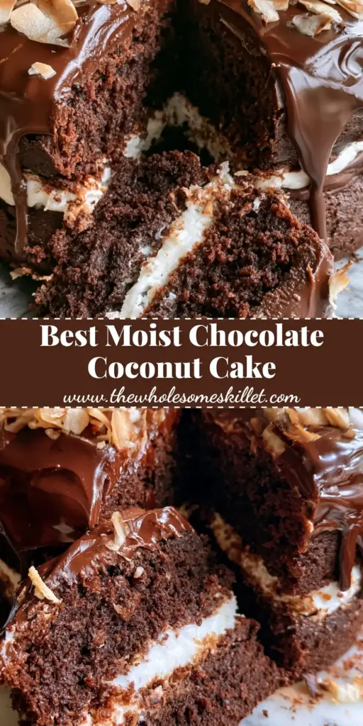 A tall double-layer chocolate coconut dream cake on a marble stand with thick white filling and chocolate drips.