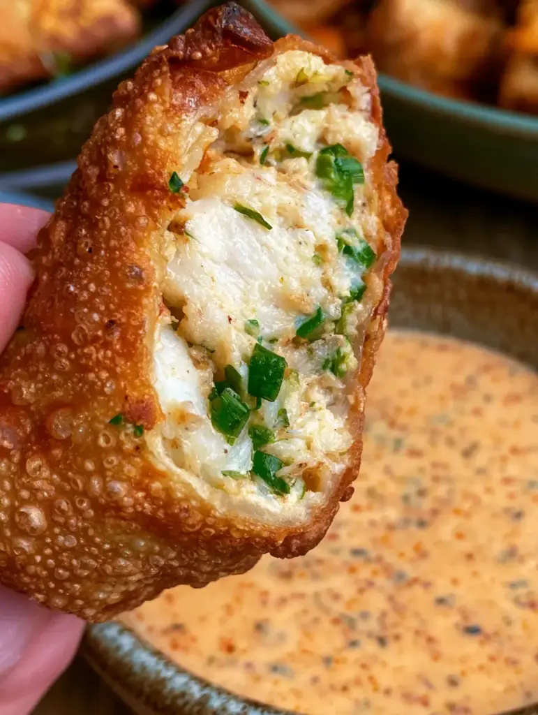 A close-up of a crispy crab cake egg roll being dipped into a small bowl of creamy orange remoulade sauce.