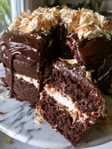 Smartphone photo of a tall chocolate coconut dream cake with glossy ganache drips and toasted coconut.