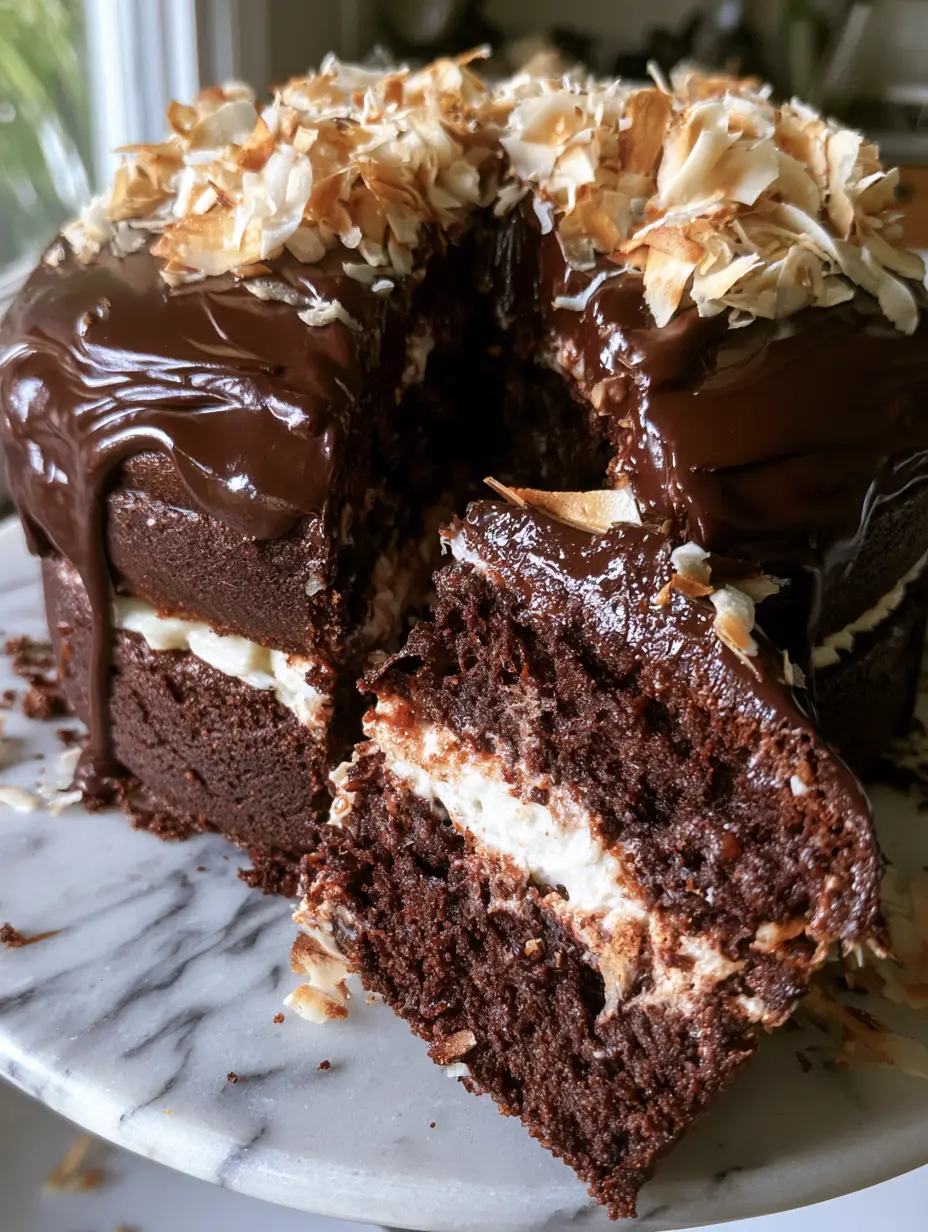 Smartphone photo of a tall chocolate coconut dream cake with glossy ganache drips and toasted coconut.
