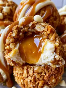 Macro shot of a caramel pretzel cheesecake truffle split open showing a dripping golden caramel center. (caramel pretzel cheesecake truffles)