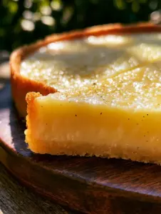 Macro side-view of a lemon custard cake showing vanilla bean flecks and a perfectly golden-brown shortcrust. (lemon custard cake)