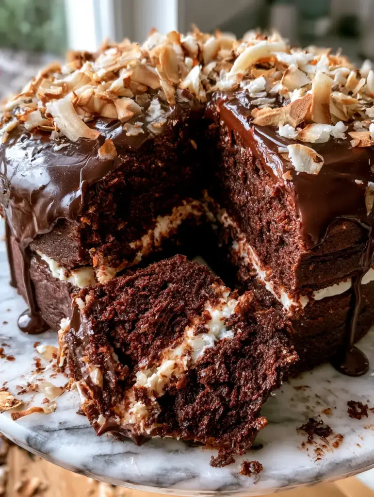 A close up of a slice pulled from the chocolate coconut dream cake showing the bright white cream filling.