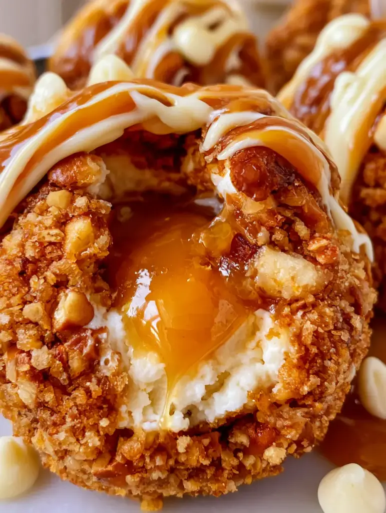 Close-up of the thick textured pretzel crust on the caramel pretzel cheesecake truffles with white chocolate ribbons.