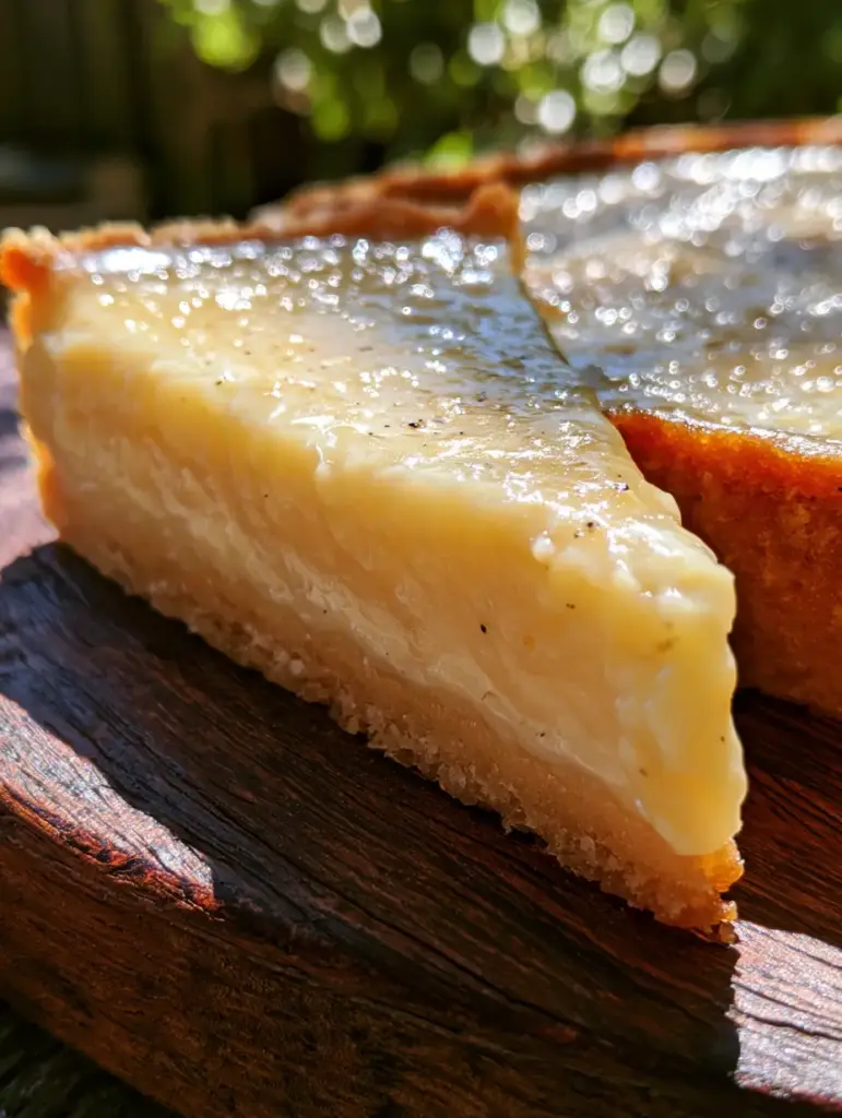 Lemon Custard Cake with a Golden Buttery Shortcrust 1 A close up of lemon custard cake resting on a dark rustic board with dappled sunlight from a Mediterranean garden.