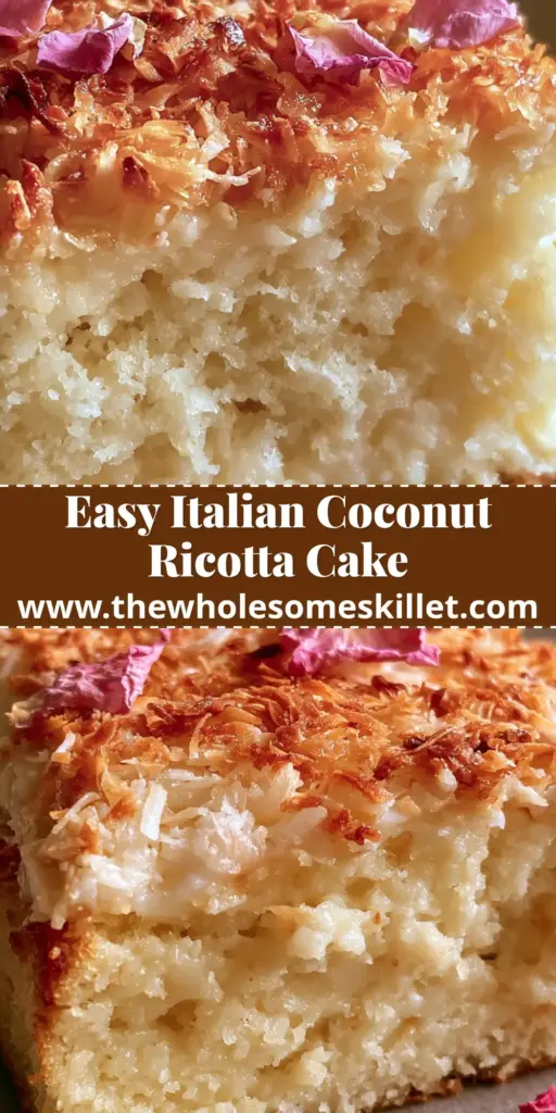 A thick slice of moist coconut ricotta cake topped with toasted coconut and pink rose petals on a rustic plate. (coconut ricotta cake)