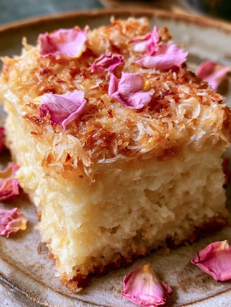 Close-up macro shot of an airy coconut ricotta cake slice with damp crumb and golden toasted flakes. (coconut ricotta cake)