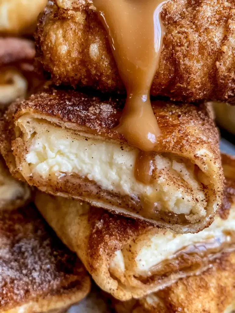 Cheesecake Chimichangas with Salted Caramel and Cinnamon Sugar 1 Close up of cheesecake chimichangas with steam rising and caramel glistening in natural daylight.