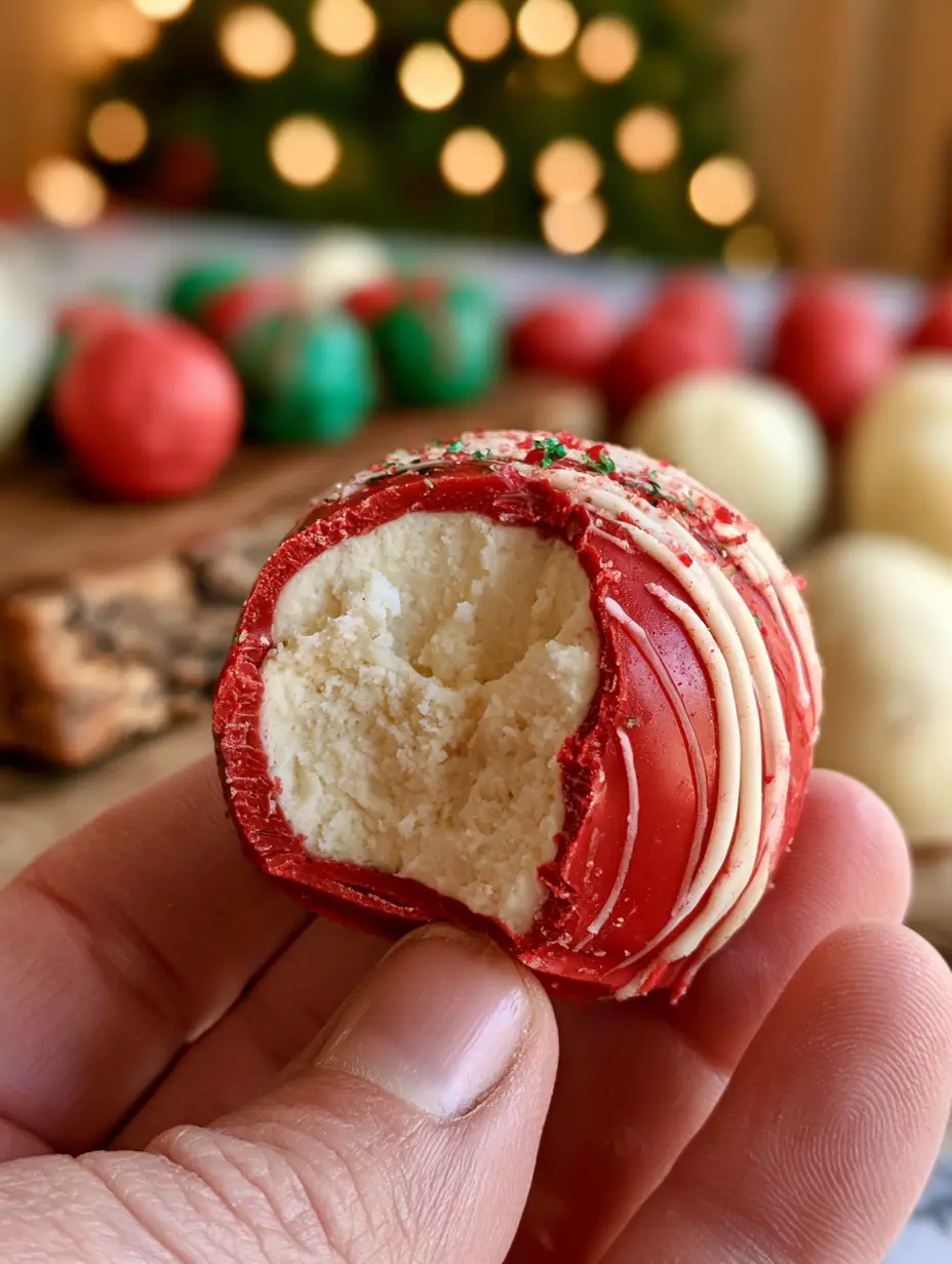 Cheesecake Truffles: The Ultimate No-Bake Holiday Dessert Recipe 3 A handheld smartphone photo of a bitten cheesecake truffle showing a dense, creamy white interior and a thick red chocolate shell. (cheesecake truffles)