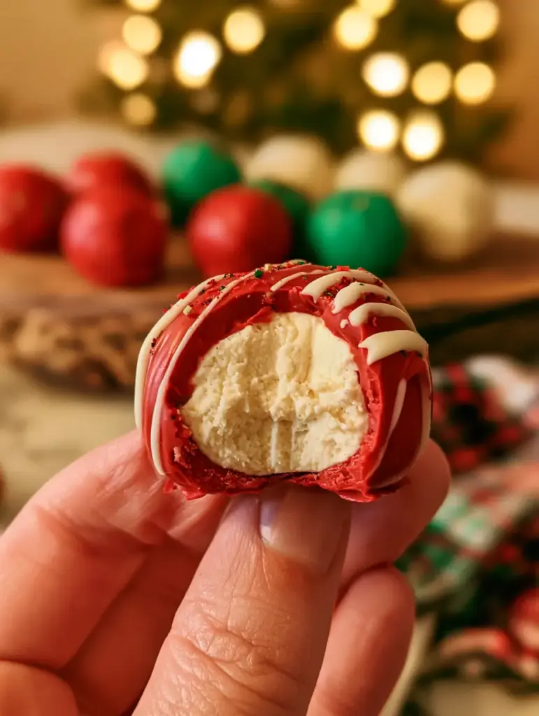 Cheesecake Truffles: The Ultimate No-Bake Holiday Dessert Recipe 1 A rustic wooden board filled with red, green, and white cheesecake truffles against a soft-focus background of glowing Christmas tree lights.