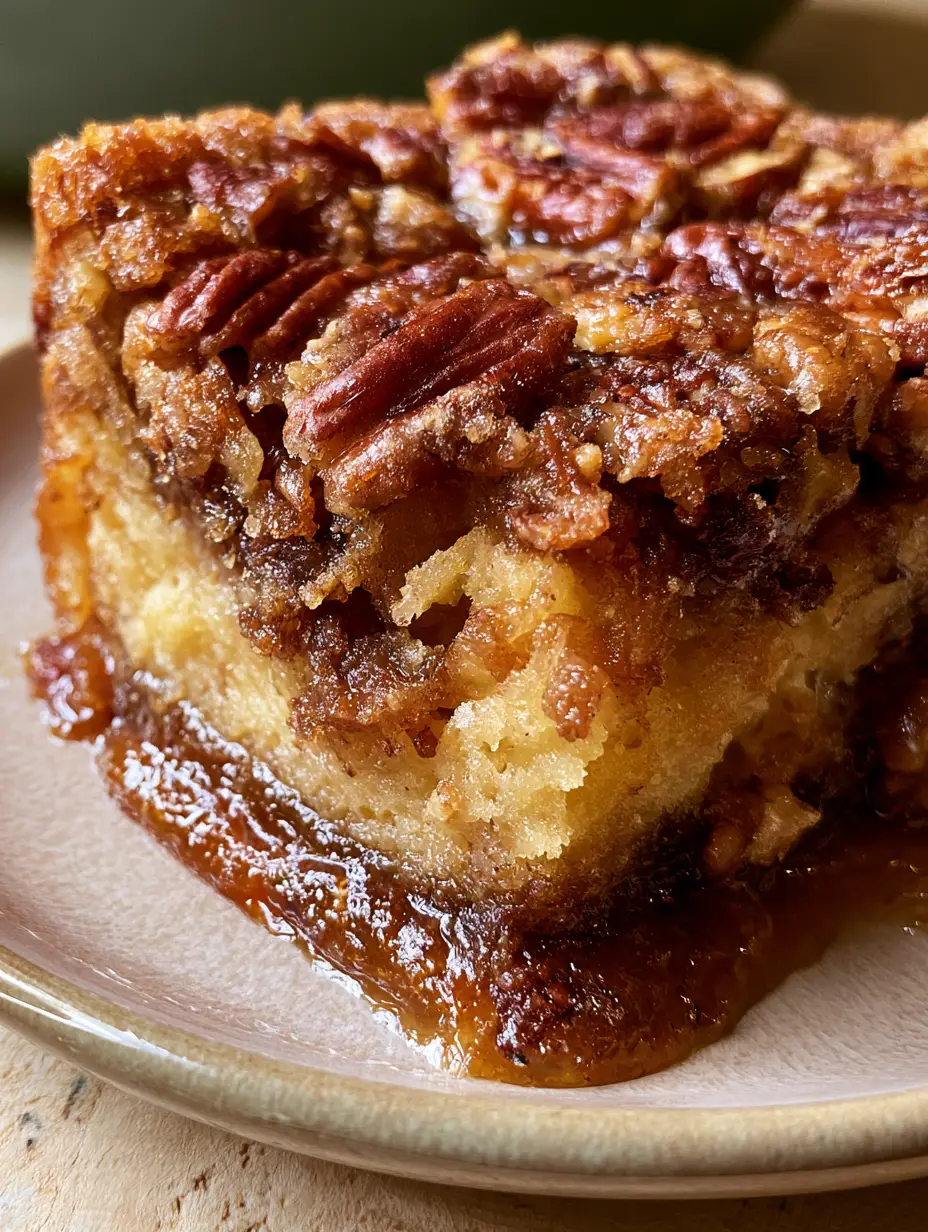 Pecan Pie Dump Cake: The Ultimate Gooey, Buttery Holiday Dessert 3 A thick slice of pecan pie dump cake on a ceramic plate, showing the gooey dark amber filling and toasted pecan topping. (pecan pie dump cake)