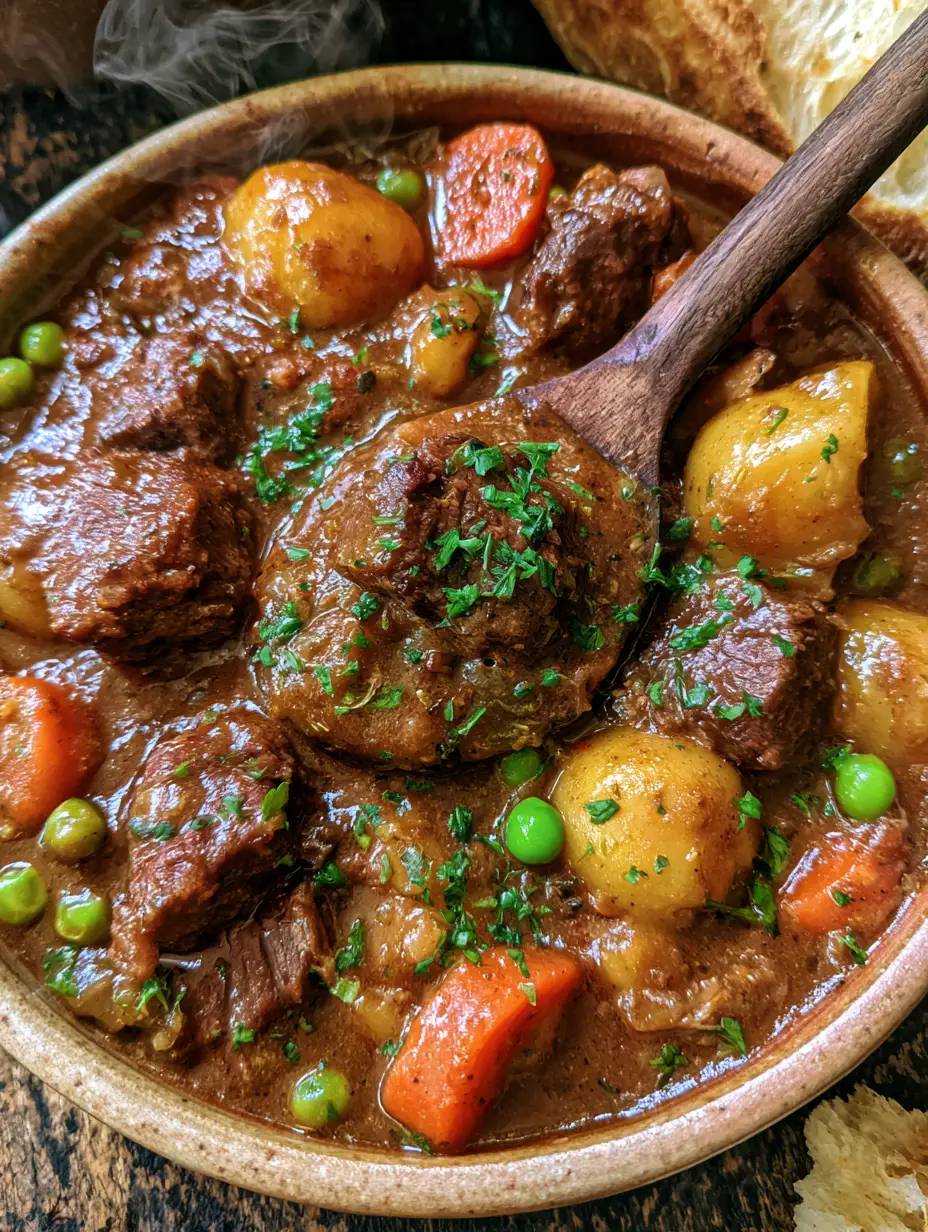 Extreme close-up of thick glossy beef stew gravy with bright orange carrots and vibrant green parsley garnish.