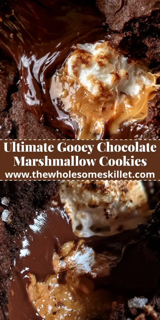 A stack of warm chocolate peanut butter cookies with melted marshmallows and sea salt on top.