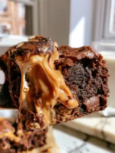 Close-up of a hand lifting a fluffernutter brownie showing a long gooey marshmallow pull and peanut butter ribbons.