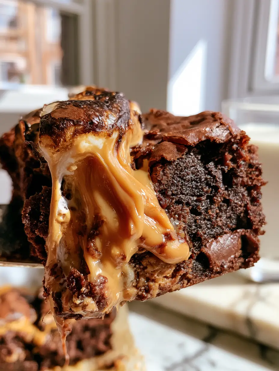 Fluffernutter Brownies with a Fudgy Dark Chocolate Base 3 Close-up of a hand lifting a fluffernutter brownie showing a long gooey marshmallow pull and peanut butter ribbons.