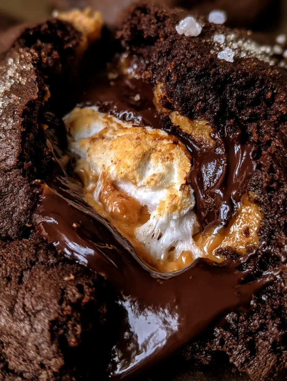 Macro close-up of a chocolate peanut butter cookie pull showing melted chocolate and stretchy marshmallow.