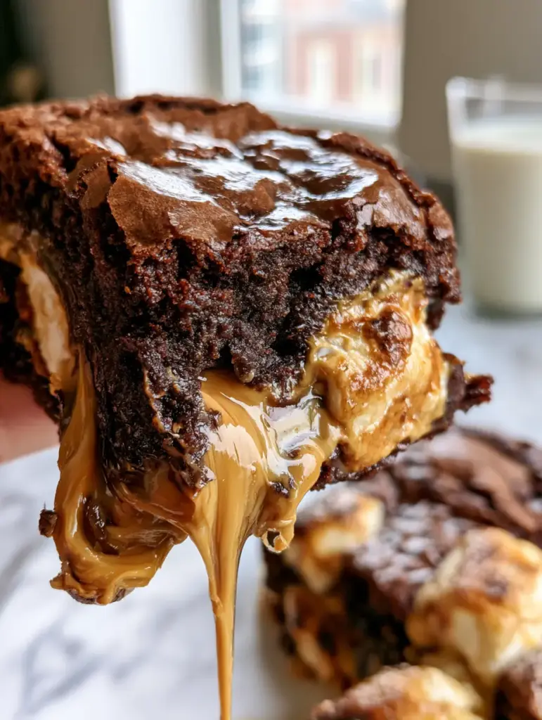 Fluffernutter Brownies with a Fudgy Dark Chocolate Base 1 A top-down view of fluffernutter brownies in a baking pan with a shiny crackly crust and chocolate chunks.