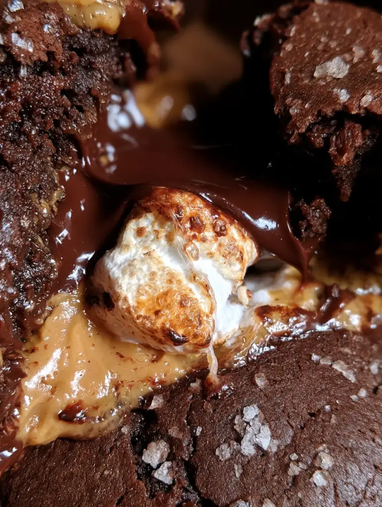 Extreme close-up of a dark cocoa cookie base with peanut butter morsels and sea salt flakes.